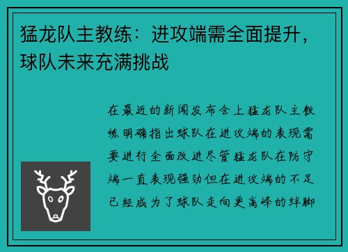 猛龙队主教练：进攻端需全面提升，球队未来充满挑战